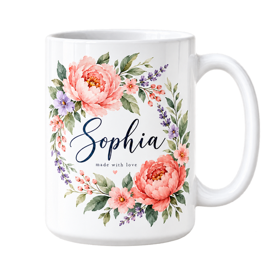 Personalized white 15 oz ceramic mug with floral Sophia design, transparent background