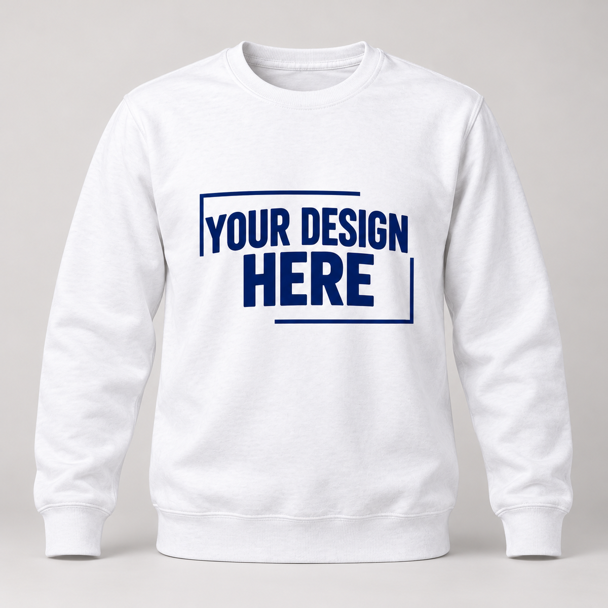 White personalized Crewneck Sweatshirt with navy Your Design Here sample chest print
