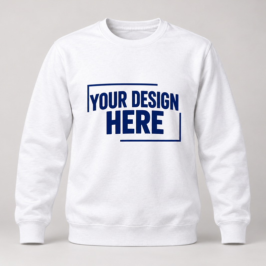 White personalized Crewneck Sweatshirt with navy Your Design Here sample chest print