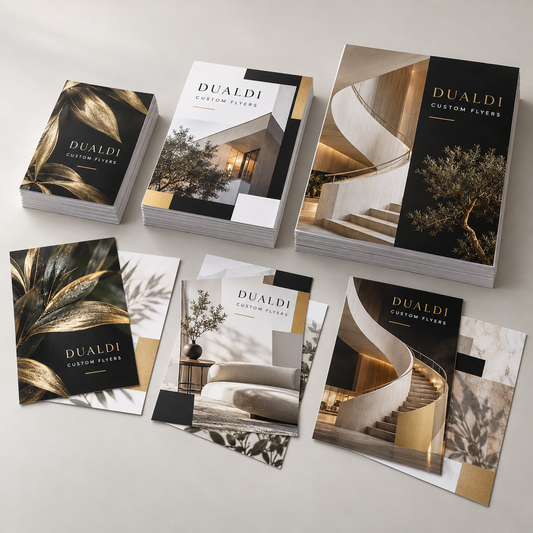 Custom full-color flyers in three sizes — illustrative product mockup