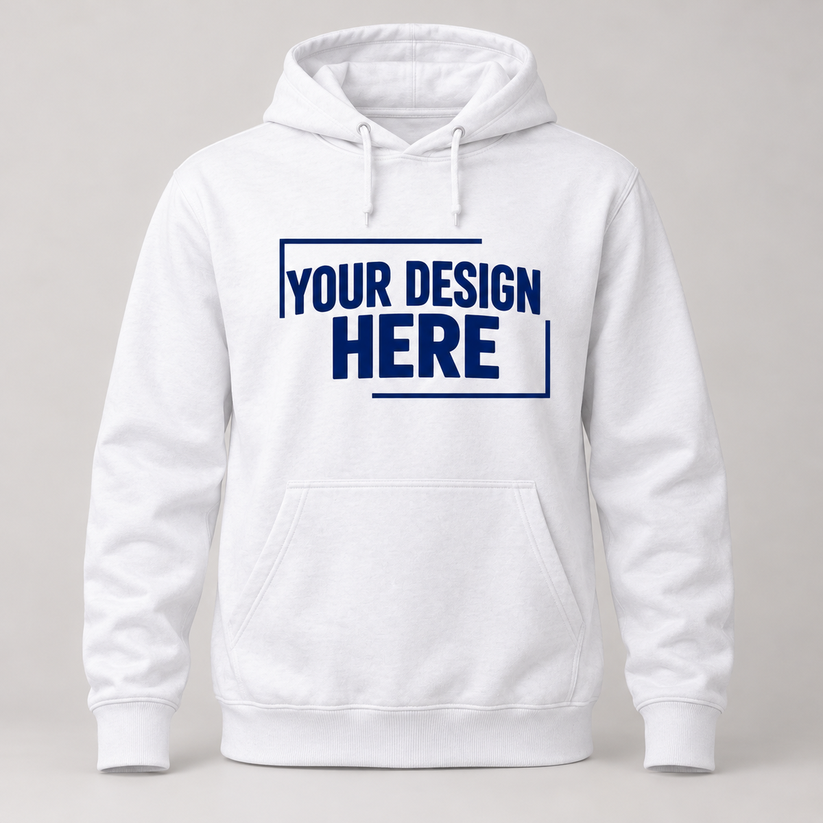 White personalized Hoodie with navy Your Design Here sample chest print