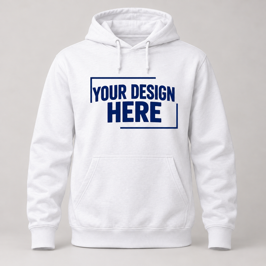 White personalized Hoodie with navy Your Design Here sample chest print